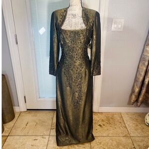 SOLD Lillie Rubin 90’s Bronze Beaded Brocade Jacquard Braided Hem Formal Gown Sz